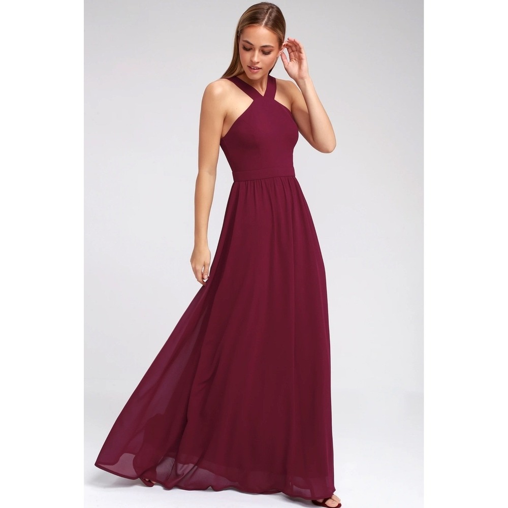 Lulus Air of‎ Romance Burgundy Maxi Dress Halter Sleeveless Elegant Size XL